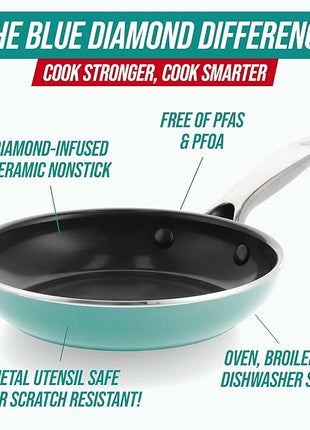 Blue Diamond 8" Nonstick Frying Pan Skillet, Diamond Infused Ceramic PFAS-Free, Dishwasher & Oven Safe, Stay Cool Handle, Durable Non Toxic Metal Utensil Safe, Egg & Omelet Pan, Turquoise