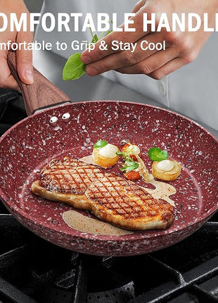 KOCH SYSTEME CS 12" Red Granite Non-Stick Frying Pan with Lid, Classic Pans with Non-toxic Nonstick Coating, Aluminum Skillet with Heat-resistant Bakelite Handle, Induction Compatible Frying Pan