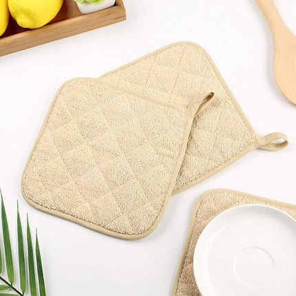100% Cotton Kitchen Everyday Basic Terry Pot Holder Heat Resistant Coaster Potholder for Cooking and Baking Set of 5 Light Brown