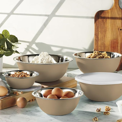 WHYSKO Stainless Steel Mixing Bowl Set, 10 Piece Stainless Steel Mixing Bowls with Lids Set for Food Prep Storage and Serving, Dishwasher Safe for Kitchen Baking Cooking, Khaki