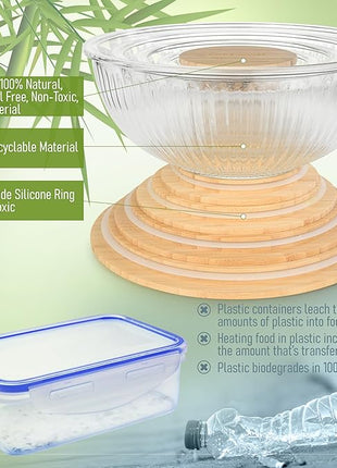 Stackable Space-Saving Set of 5 Nesting Glass Bowls with Bamboo Lids for Foodprep, Storage, Baking, Mixing & Cooking, Microwave & Oven Safe BPA Free Heat Resistant Inert Borosilicate Glass