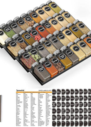 SpaceAid Spice Drawer Organizer with 36 Spice Jars, 386 Spice Labels, 4 Tier Seasoning Rack Tray Insert for Kitchen Drawers, 16.75" Wide x 17.5" Deep