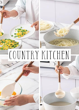 Country Kitchen Non Stick Silicone Utensil Set with Rounded Wood Handles for Cooking and Baking, 8 Piece Set, Khaki