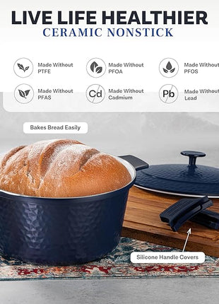 Gotham Steel Hammered 5 Qt Lightweight Dutch Oven Pot with Lid & Holders, Ceramic Non Toxic, Oven Safe & Even Heat Retaining Dutch Oven for Bread Baking Sourdough, Soup, 70% Lighter than Cast Iron