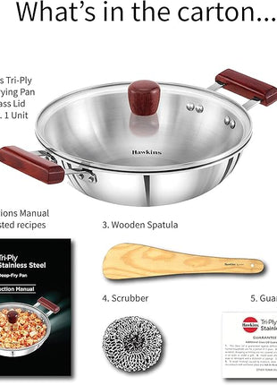 Hawkins 2.5 Litre Deep Fry Pan, Triply Stainless Steel Kadai with Glass Lid, Flat Bottom Induction Kadhai, Silver (SSD25G)