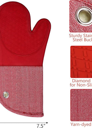 Professional Microwave Silicone Oven Mitts one Pair, Kitchen Mitten Set for Heat Resistant with 500 Degrees, Kitchen Gloves Pot Holder for BBQ Cooking Baking (Red)