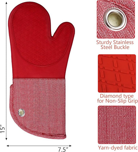 Professional Microwave Silicone Oven Mitts one Pair, Kitchen Mitten Set for Heat Resistant with 500 Degrees, Kitchen Gloves Pot Holder for BBQ Cooking Baking (Red)