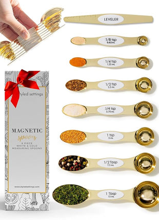 White and Gold Magnetic Measuring Spoons – Stainless Steel Double Sided Measuring Spoons for Cooking and Baking – Cute White and Gold Kitchen Accessories, Ideal for Gifting