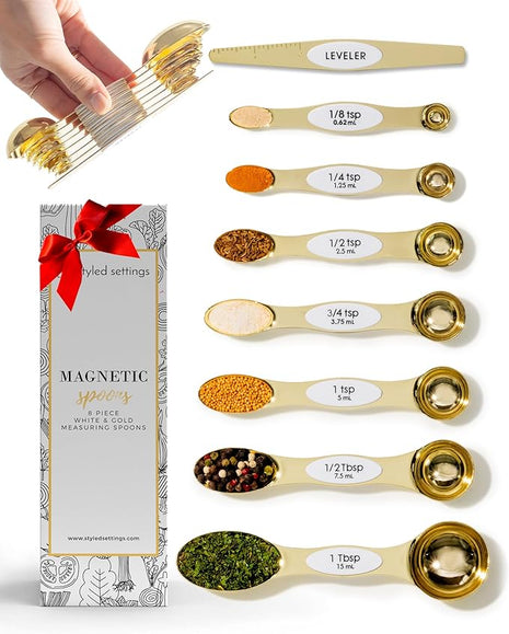 White and Gold Magnetic Measuring Spoons – Stainless Steel Double Sided Measuring Spoons for Cooking and Baking – Cute White and Gold Kitchen Accessories, Ideal for Gifting