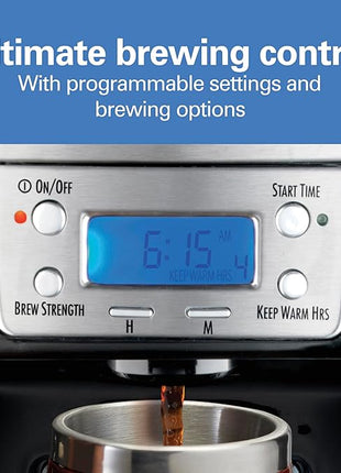 Hamilton Beach One Press Programmable Dispensing Drip Coffee Maker with 12 Cup Internal Brew Pot, Water Reservoir, Black with Chrome (48464)
