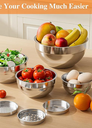 Mixing Bowls with Lids Set, 6 PCS Stainless Steel Mixing Bowls with 3 Grater Attachments, Kitchen Food Storage Organizers Nesting Mixing Bowl, Large Size 4.5, 3.5, 2.1, 1.5, 1.1, 0.7QT