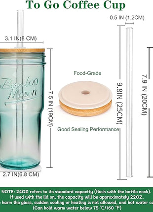 ANOTION Colored Glass Cups with Lids and Straws - 24oz Travel Coffee Mug Wide Mouth Mason Jar Iced Coffee Cup Smoothie Cup Glass Tumbler Tea Cup Clear Cute Water Cups Colorful Drinking Glasses