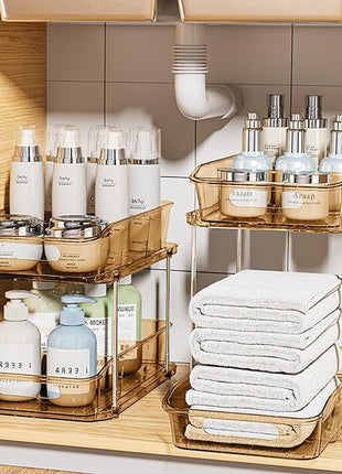 Delamu 2-Tier Under Sink Organizers and Storage, Multi-Purpose Stackable Bathroom Cabinet Organizers, Pull Out Kitchen Pantry Organization and Storage with Dividers(2 Pack, Amber)