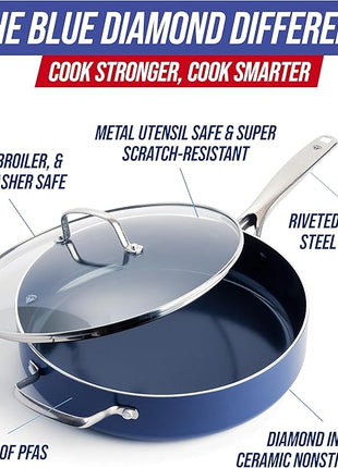 Blue Diamond 5QT Saute Pan with Lid, Non Toxic PFAS-Free Diamond Ceramic Nonstick, Dishwasher & Oven Safe, Metal Utensil Safe, Deep Jumbo Cooker Skillet with Helper Handle, Glass Lid, Blue