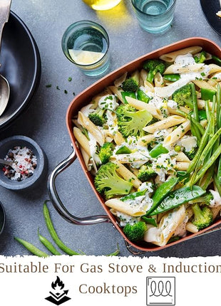 Moss & Stone 7 Pcs Copper Chef Cookware Non Stick Deep Frying Pan 9.5" x 3.5", Fry Basket, Dishwasher & Oven Safe, 5 Qt Deep Square Pot, Non Stick Pan & Round Pot, Induction Copper Cookware Set