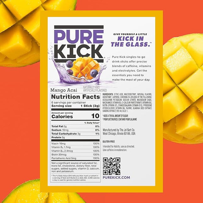 Pure Kick Energy Singles To Go Drink Mix, Mango Acai, Includes 12 Boxes with 6 Packets in each Box, 72 Total Packets