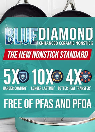 Blue Diamond 8" Nonstick Frying Pan Skillet, Diamond Infused Ceramic PFAS-Free, Dishwasher & Oven Safe, Stay Cool Handle, Durable Non Toxic Metal Utensil Safe, Egg & Omelet Pan, Turquoise