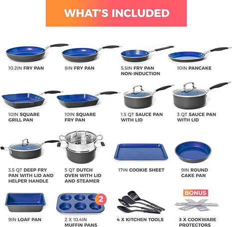 Mueller Sapphire UltraClad Kitchen Induction Pots and Pans Set Nonstick Induction Cookware Sets -24pc for Cooking Kitchen Cookware Sets, Frying Pans