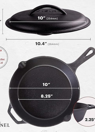 Cuisinel Cast Iron Skillet with Lid - 10"-inch Pre-Seasoned Covered Frying Pan Set + Silicone Handle and Lid Holders + Scraper/Cleaner - Use Indoor/Outdoor, Oven, Stove, BBQ, Fire, Grill Cookware