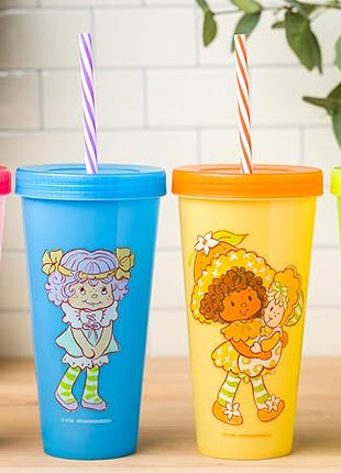Silver Buffalo Strawberry Shortcake 4 Pack Color Change Plastic Tumbler Featuring Lemon Meringue, Orange Blossom, and Angel Cake, 24 Ounces