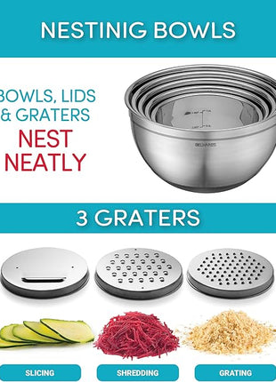 Belwares Mixing Bowls with Lids Set of 5 - Stainless Steel Nesting Bowls with Non-Slip Silicone Bottoms, Airtight Lids & 3 Grater Attachments Kitchen Baking Bowls for Food Prep & Storage (Colorful)