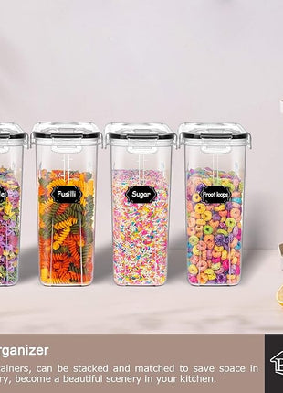 PRAKI 5PCS Cereal Containers Storage Set, BPA Free Airtight Food Storage Container Set with Lids, Kitchen Pantry Organization and Storage for Sugar, Baking Supplies with 20 Labels & Mark(4L Black)