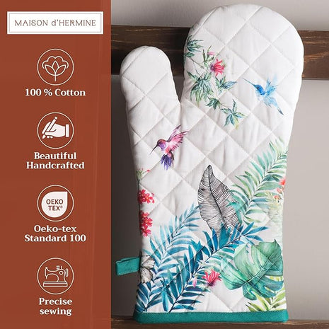 Maison d' Hermine Oven Gloves 100% Cotton Oven Mitt 7" x 13" with Loop Heat Resistant, BBQ, Cooking Gloves, Baking, Grilling, Kitchen, Handling Hot Pans Spring/Summer (Pack of 1, Tropiques)