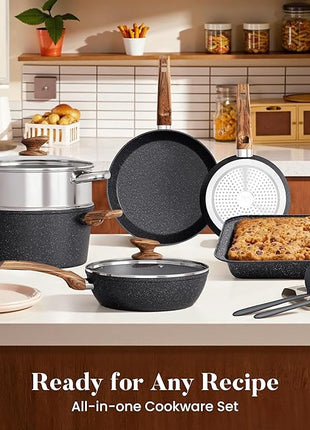 Kitchen Academy Induction Cookware Set-17 Piece Non-stick Cooking Pan Set, Black Granite Pots and Pans Set