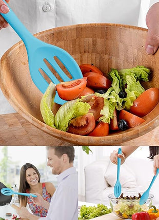 Silicone Cooking Spoons, Heat Resistant Large Silicone Pasta Slotted Spoon Solid Basting Spoon set for Nonstick Cookware, BPA Free Black Kitchen Silicone Spoons set for Mixing, Serving, Draining Blue