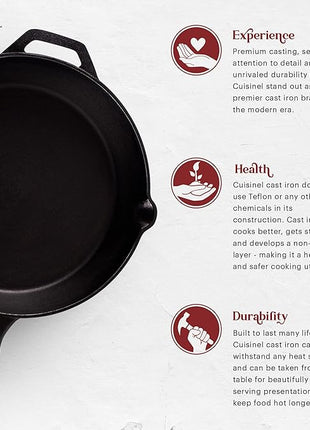Cuisinel Cast Iron Skillet - 12"-Inch Frying Pan with Assist Handle + Red Silicone Grip Cover - Pre-Seasoned Oven Safe Cookware - Indoor/Outdoor Use - Grill, Stovetop, Induction, BBQ and Firepit Safe