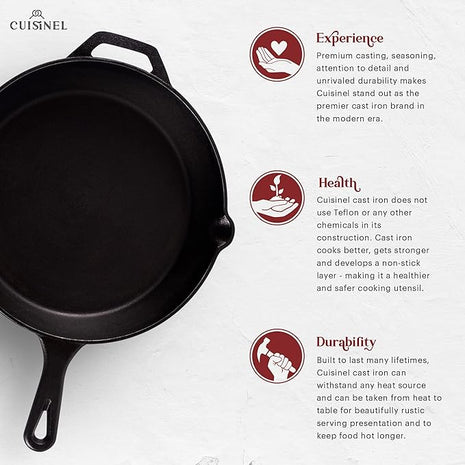 Cuisinel Cast Iron Skillet with Lid - 12"-Inch Frying Pan + Glass Lid + Heat-Resistant Handle Cover - Pre-Seasoned Oven Safe Cookware - Indoor/Outdoor Use - Grill, BBQ, Fire, Stovetop, Induction Safe