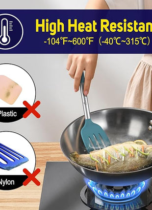 HOTEC Silicone Spatula Set of 2 Heat-Resistant 600°F & BPA-Free Kitchen SaptulaTurner with Stainless Steel Handles, Slotted & Solid Spatulas for Nonstick Cookware, 13.7 Inch, Blue