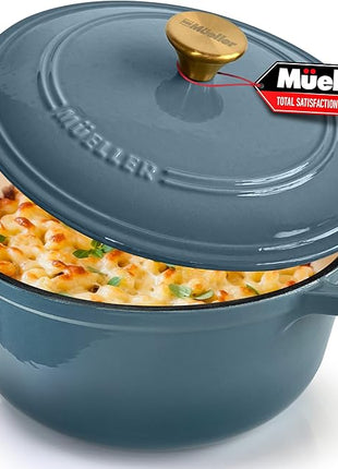 MUELLER HOME 7.5 Quart Enameled Cast Iron Pot Dutch Oven, Heavy-Duty, Oven-Safe up to 500° F & Across All Cooktops, Bread Pan with Lid & Knob, Cast Iron Cookware, Blue Kitchen Accessories,Mineral Blue