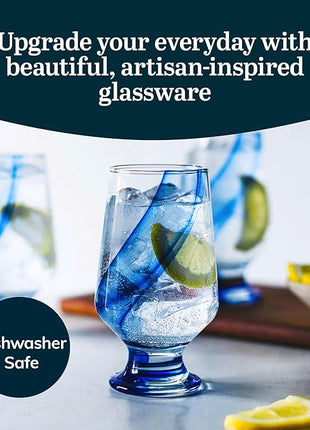 Libbey Blue Ribbon Goblet Glasses, Unique Blue Water Goblets Set of 8, Thick Stemmed Water Glasses for Sodas & Cocktails