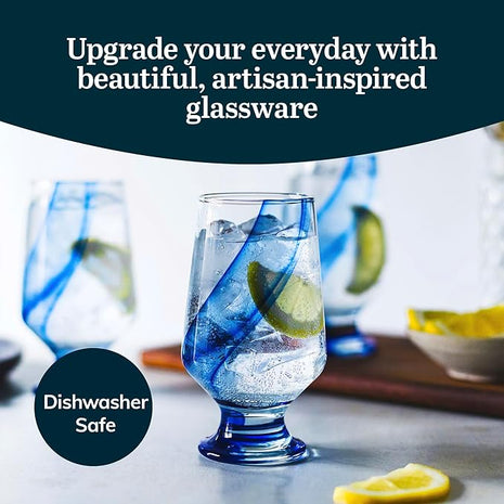 Libbey Blue Ribbon Goblet Glasses, Unique Blue Water Goblets Set of 8, Thick Stemmed Water Glasses for Sodas & Cocktails