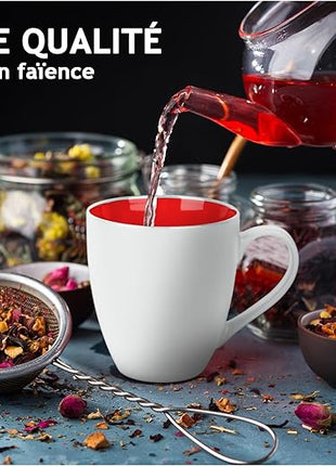 MIAMIO - Set of 6 Stoneware Coffee Mugs 12 Ounce/Cup Set - Le Papillon Collection (White-Red)