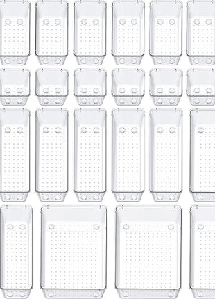 SMARTAKE 28 Piece Drawer Organizers with Non-Slip Silicone Pads, 4-Size Desk Drawer Organizer Trays Storage Tray for Makeup, Jewelries, Utensils in Bedroom Dresser, Office and Kitchen, Clear