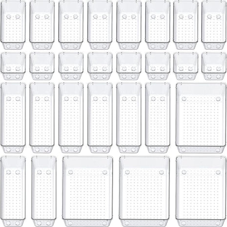 SMARTAKE 28 Piece Drawer Organizers with Non-Slip Silicone Pads, 4-Size Desk Drawer Organizer Trays Storage Tray for Makeup, Jewelries, Utensils in Bedroom Dresser, Office and Kitchen, Clear