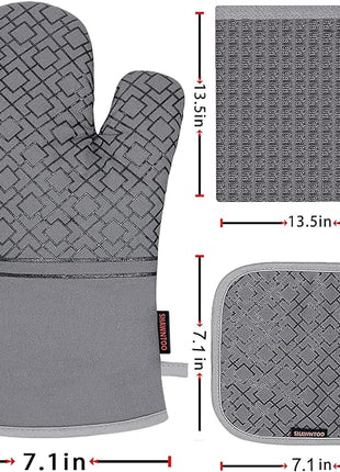 Oven Mitts and Pot Holders Sets 6pcs, Kitchen Oven Glove,High Heat Resistant 550 Degree Extra Long Oven Mitts and Potholders with Non-Slip Silicone Surface for Apartment Essentials (Grey) (Gray)
