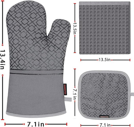 Oven Mitts and Pot Holders Sets 6pcs, Kitchen Oven Glove,High Heat Resistant 550 Degree Extra Long Oven Mitts and Potholders with Non-Slip Silicone Surface for Apartment Essentials (Grey) (Gray)