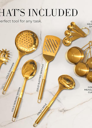 Gold Cooking Utensils with Measuring Cups and Spoons Set - 13-Piece Luxury Gold Kitchen Accessories Includes Metal Measuring Cups and Spoons for Baking, Cooking, and Elegant Kitchen Decor