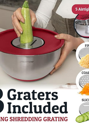 Priority Chef Stainless Steel Mixing Bowls with Lids Set, Metal Nesting Bowls with Airtight Lids, Graters, Non-Slip Base & Measurement Marks, Includes Utensil Set for Prep, Baking & Storage, Red