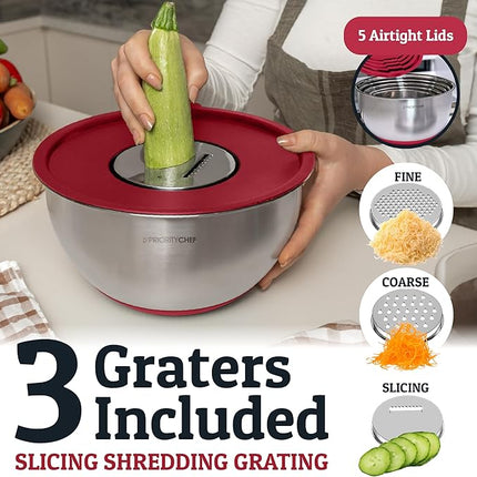 Priority Chef Stainless Steel Mixing Bowls with Lids Set, Metal Nesting Bowls with Airtight Lids, Graters, Non-Slip Base & Measurement Marks, Includes Utensil Set for Prep, Baking & Storage, Red