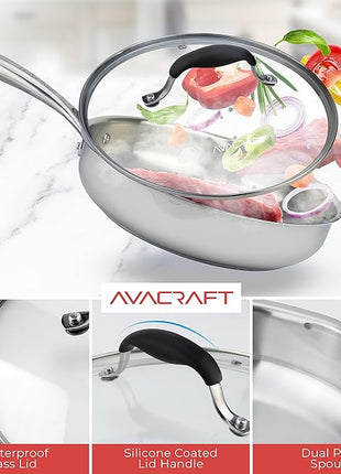 AVACRAFT 18/10 10 Inch Stainless Steel Frying Pan with Lid, Side Spouts, Induction, Versatile Stainless Steel Skillet