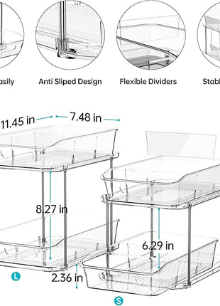 Delamu 2-Tier Under Sink Organizers and Storage, Multi-Purpose Stackable Bathroom Cabinet organizers, Pull Out Kitchen Pantry Organization and Storage with Dividers(2 Pack, Clear)