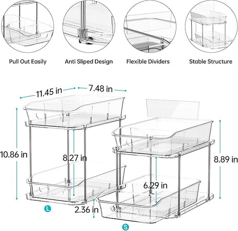 Delamu 2-Tier Under Sink Organizers and Storage, Multi-Purpose Stackable Bathroom Cabinet organizers, Pull Out Kitchen Pantry Organization and Storage with Dividers(2 Pack, Clear)