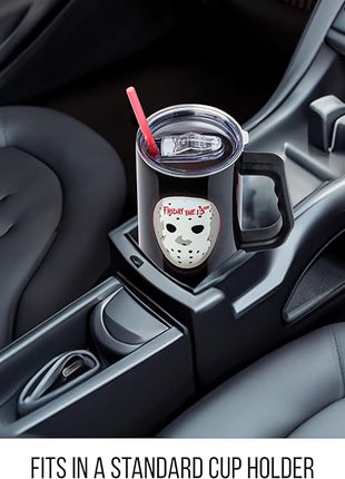 Silver Buffalo Friday The 13th Stainless Steel Tumbler with Handle Featuring Jason Voorhees’s Mask, Fits in Standard Cup Holder, 40 Ounces