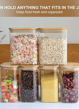 Liuruiyu Glass Storage Jars 12 * 8cm [Set of 6],Clear Glass Food Storage Containers with Airtight Bamboo Lid Stackable Kitchen Canisters for Candy,Cookie,Rice,Sugar,Flour,Pasta(Square)