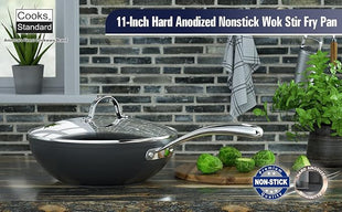 Cooks Standard Nonstick Stir-Fry Wok Pan 11-Inch, Hard Anodized Deep Frying Pan with Glass Lid, Flat Bottom, Black
