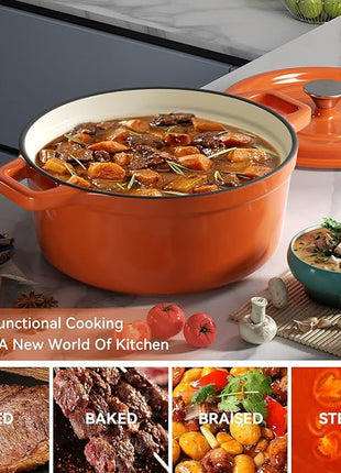 Miereirl 6.5 Quart Enameled Dutch Oven Pot with Lid, Cast Iron Dutch Oven with Dual Handles for Bread Baking, Cooking, Non-stick Enamel Coated Cookware (Orange)
